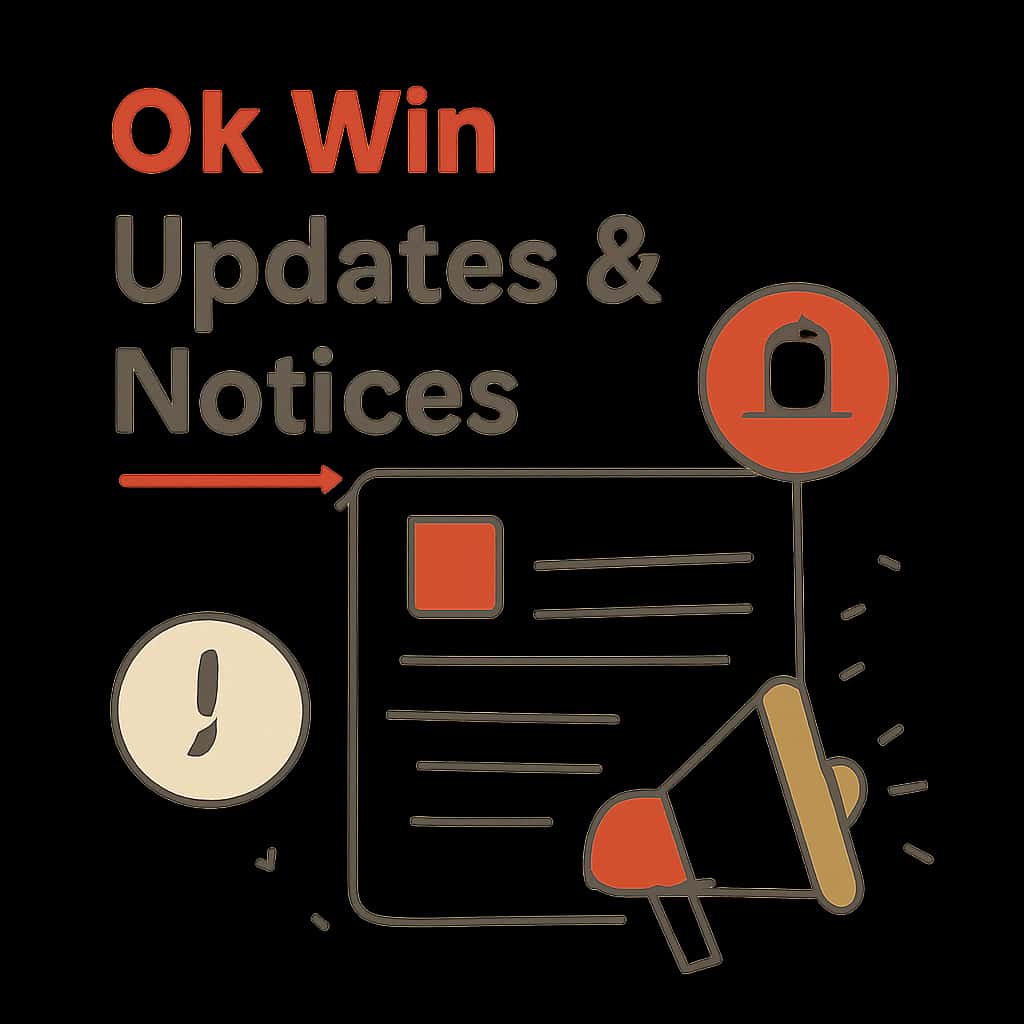 An educational illustration detailing the updates and notices for the Ok Win platform.