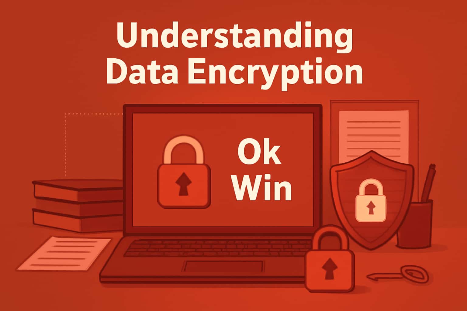 Illustration of data encryption concepts with the text 'Understanding Ok Win Data Encryption'.